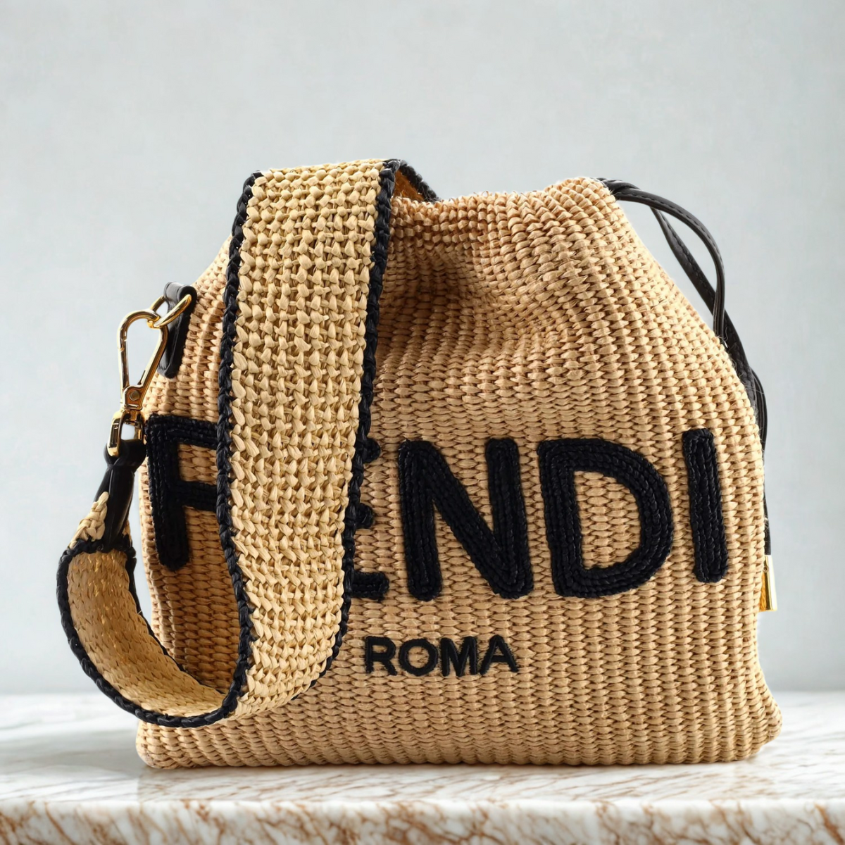 BORSA FENDI SACK PICCOLA IN PAGLIA INTRECCIATA BEIGE