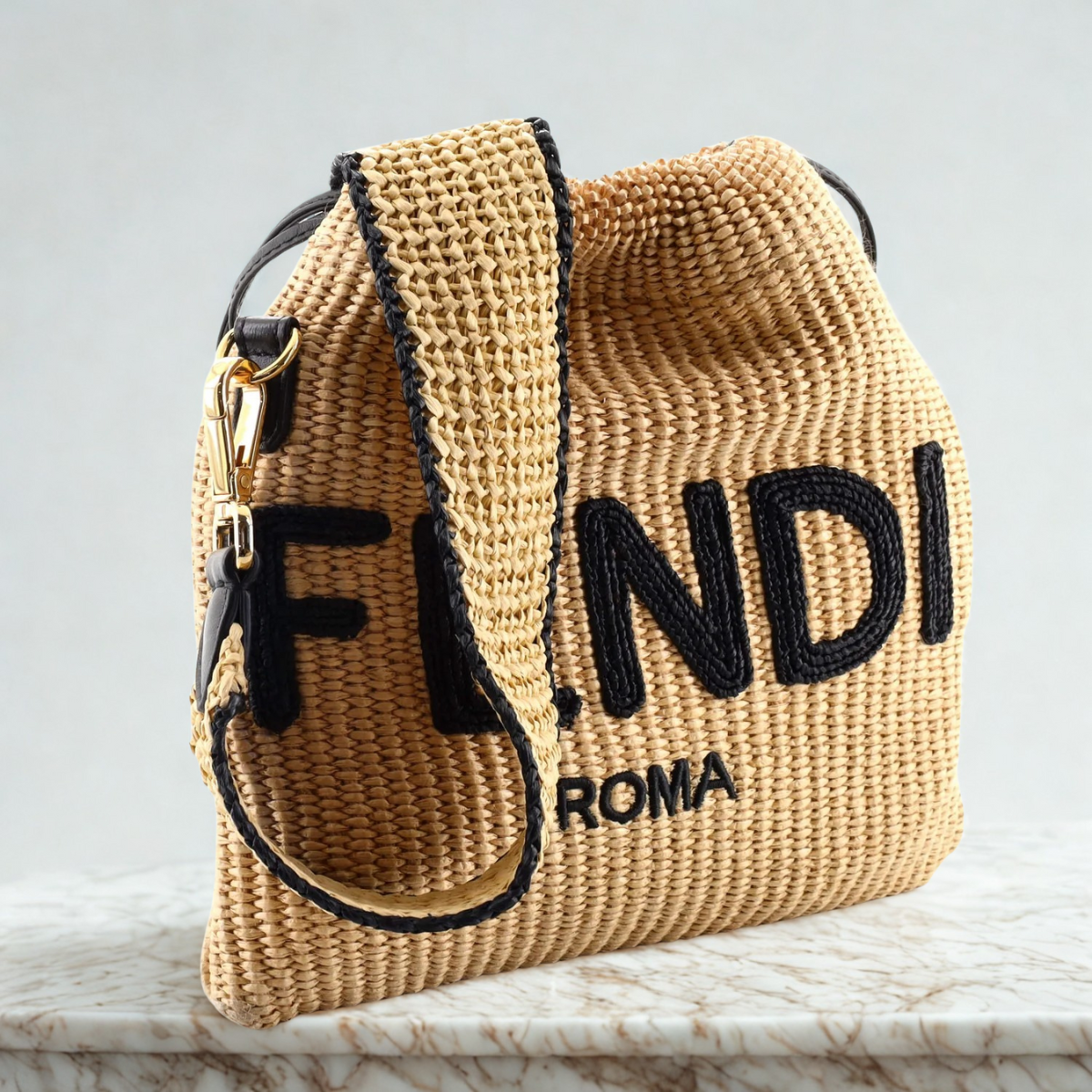 BORSA FENDI SACK PICCOLA IN PAGLIA INTRECCIATA BEIGE
